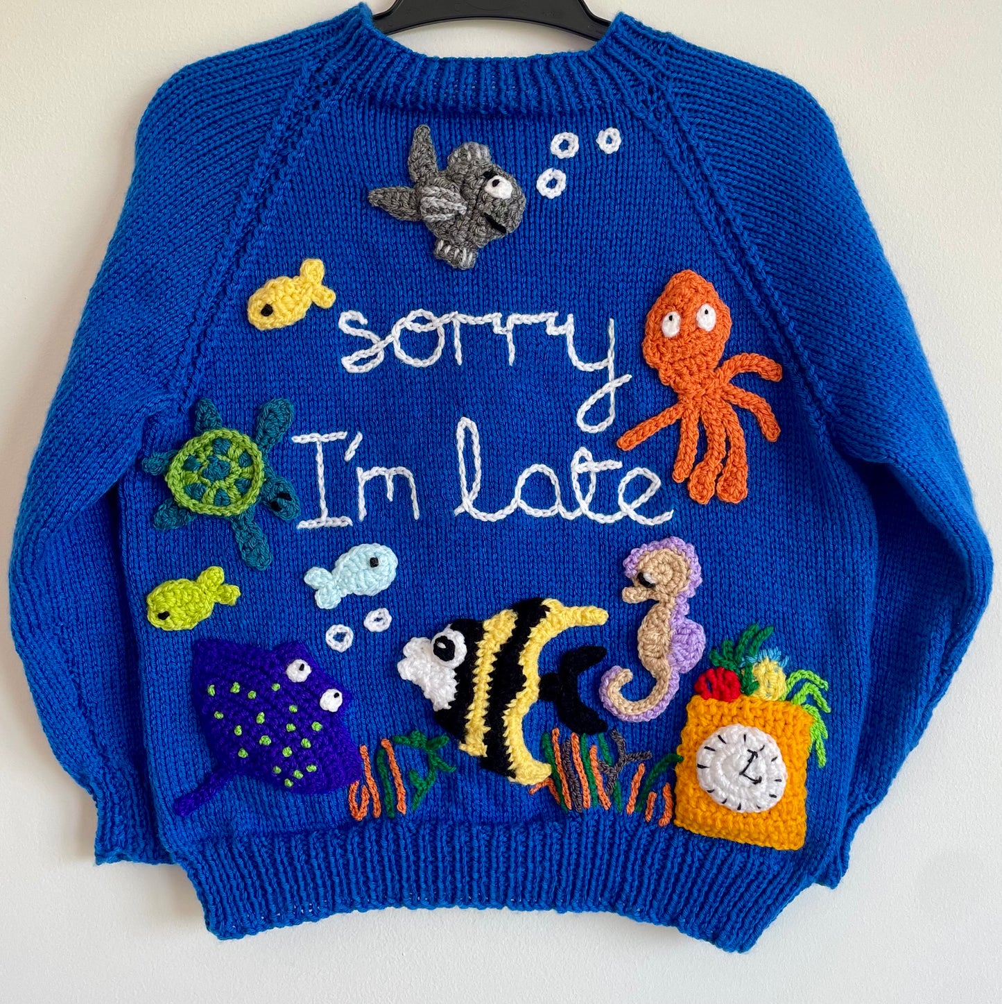 "Sorry I'm Late” Handmade Cardigan Size Approx 6-8 Years