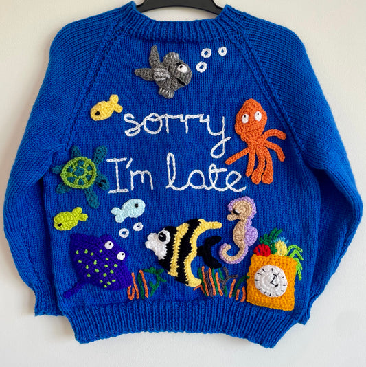 "Sorry I'm Late” Handmade Cardigan Size Approx 6-8 Years