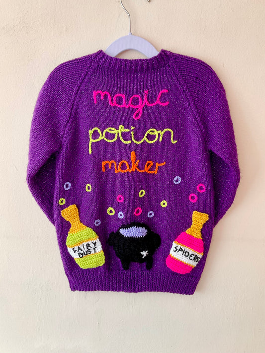 "Magic Potion Maker" Handmade Sparkle Knit Cardigan Size Approx 4-6 Years