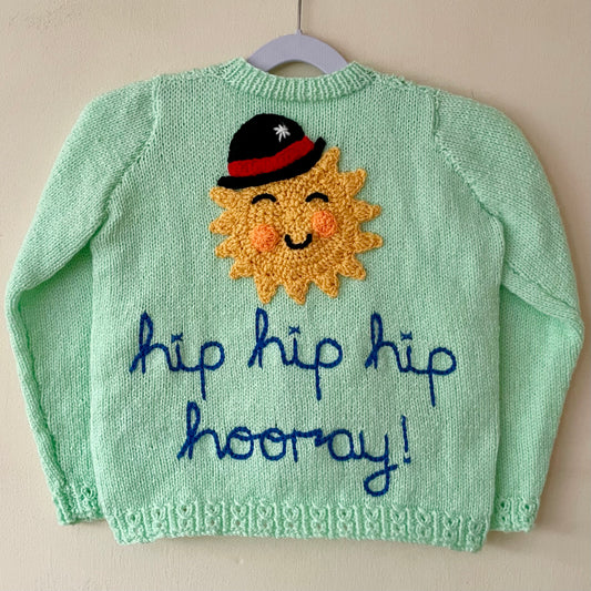"Hip Hip Hip Hooray” Handmade Cardigan Size Approx 4-6 Years