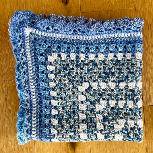 Small Handmade Baby Blanket and Hat (Blue/White)
