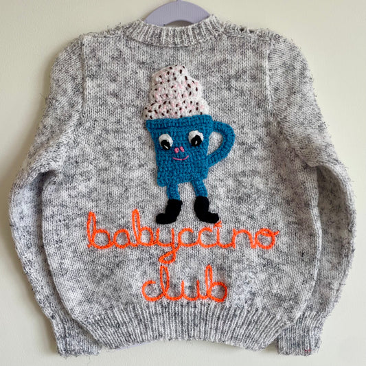 "Babyccino Club” Handmade Grey Cardigan Size Approx 3-5 Years
