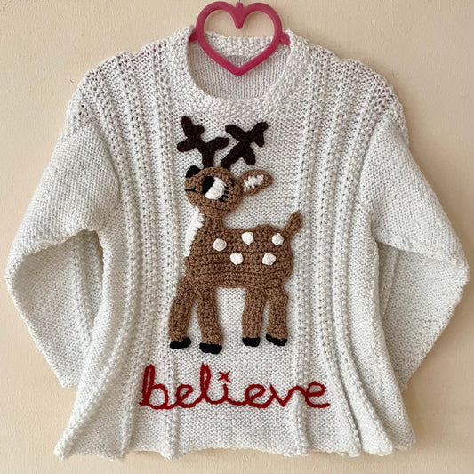 "Believe" Handmade Reindeer Jumper Size Approx 2-3 Years