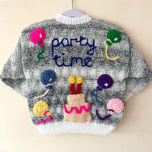 "Party Time” Handmade Grey Cardigan Size Approx 2-3 Years