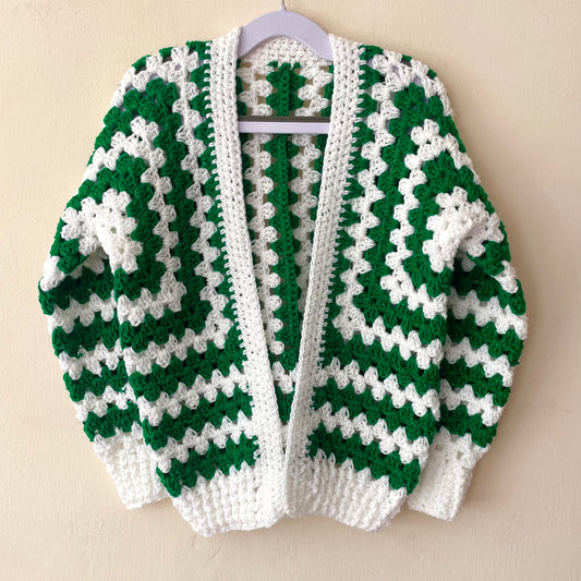 Green & White Handmade Cardigan Size Approx 4-6 Years