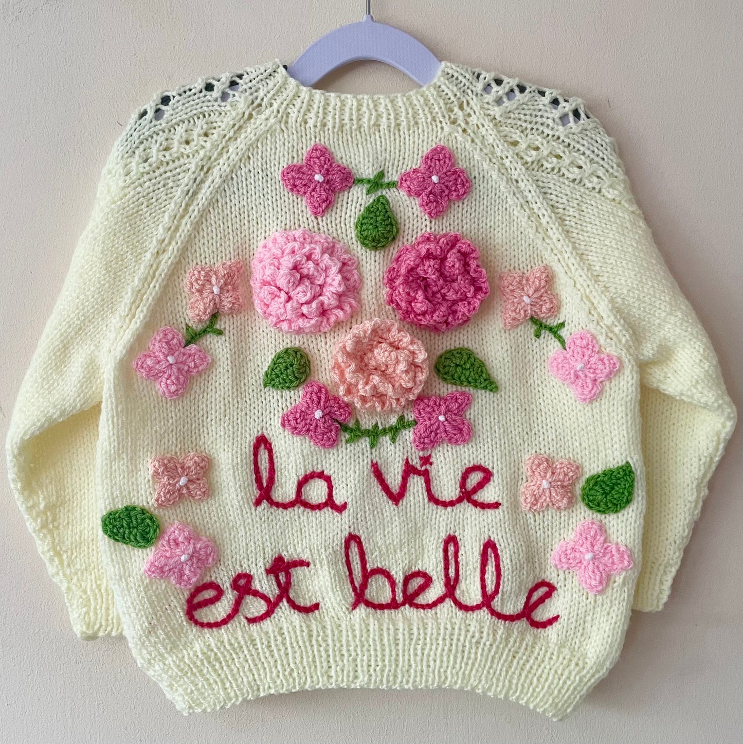 "La Vie Est Belle” Handmade Cardigan Size Approx 3-4 Years