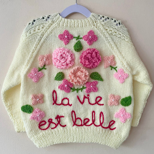 "La Vie Est Belle” Handmade Cardigan Size Approx 3-4 Years