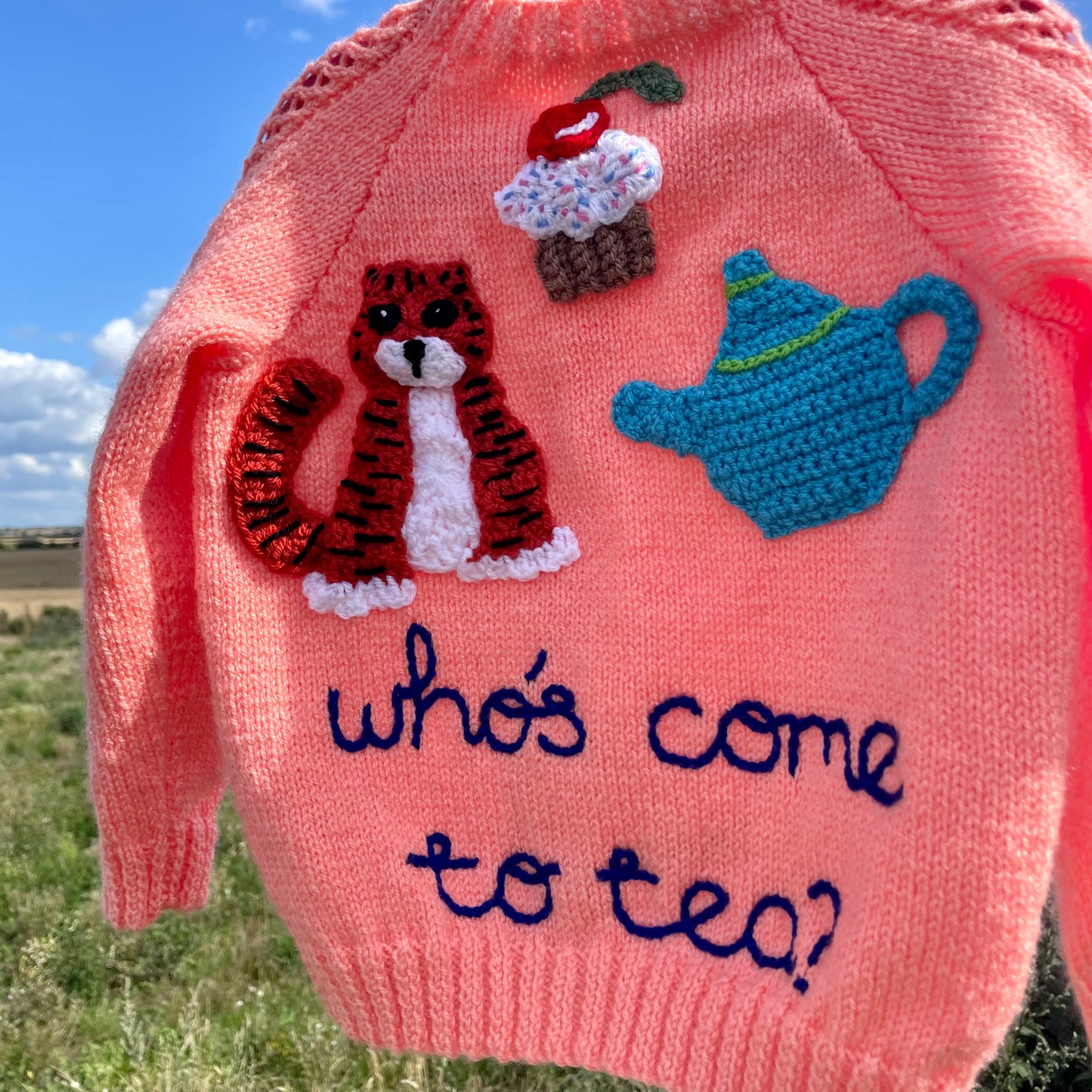 "Who's Come To Tea?" Handmade Cardigan Size Approx 4-5 Years