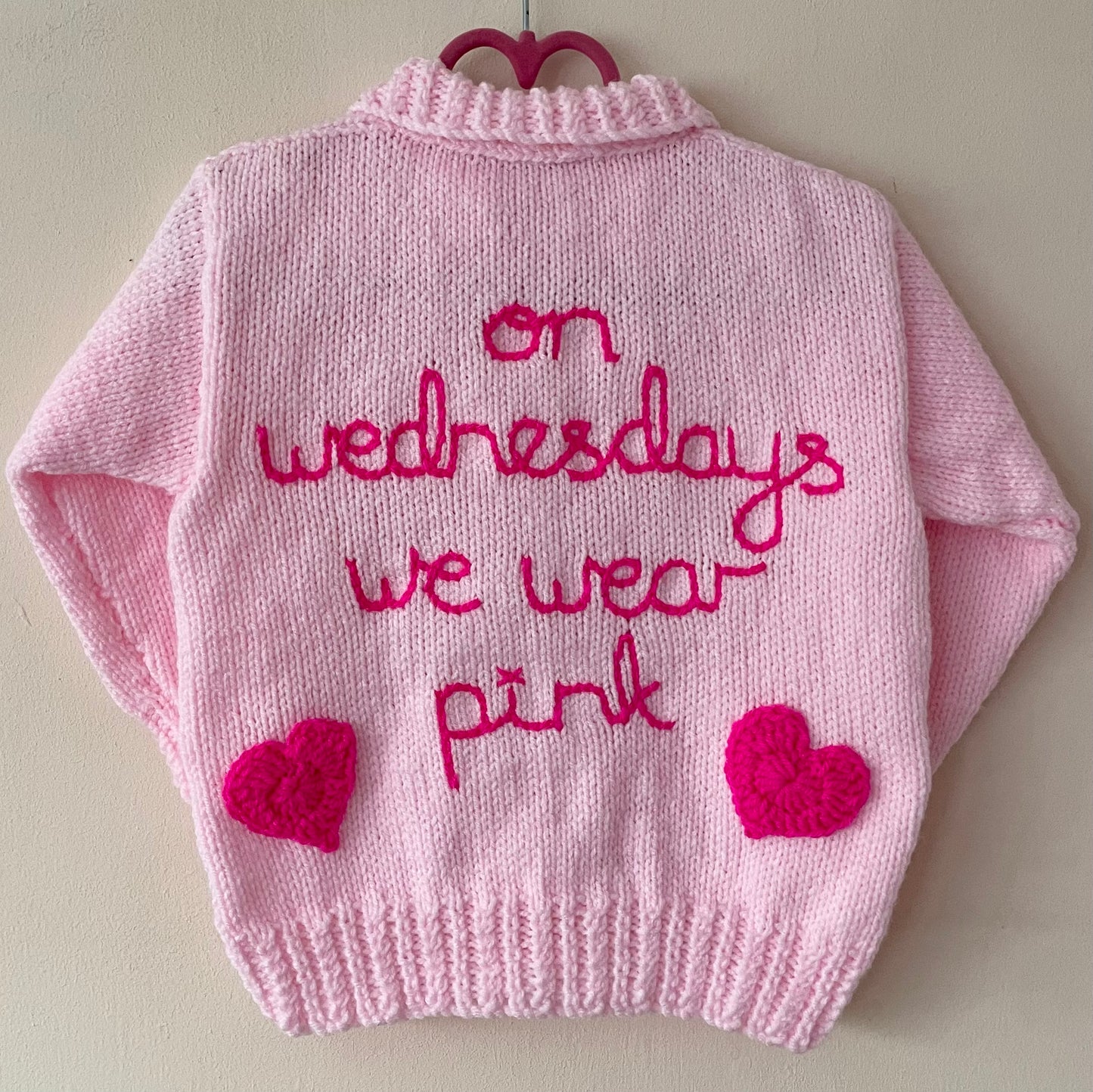 "On Wednesdays We Wear Pink” Handmade Cardigan Size Approx 3-5 Years