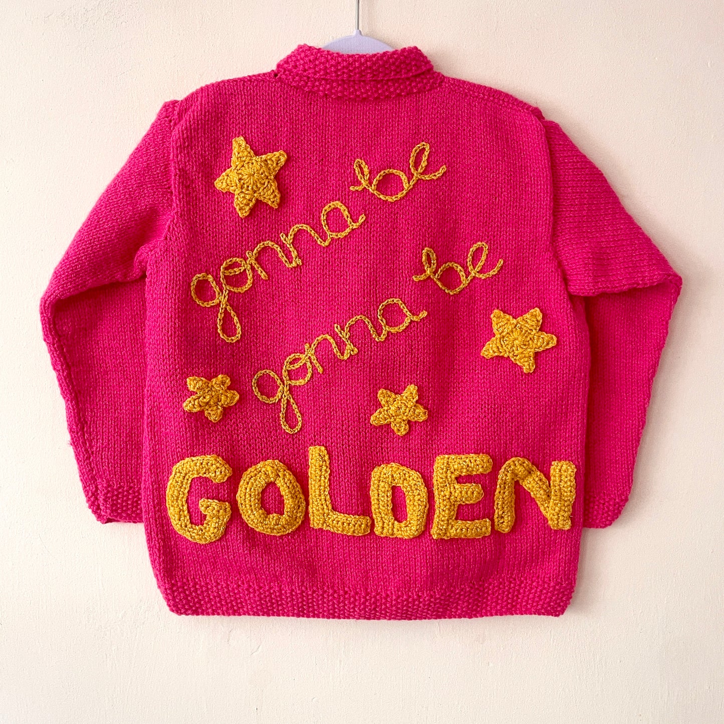 “Gonna Be Golden” Handmade Pink Cardigan Size Approx 6-8 Years