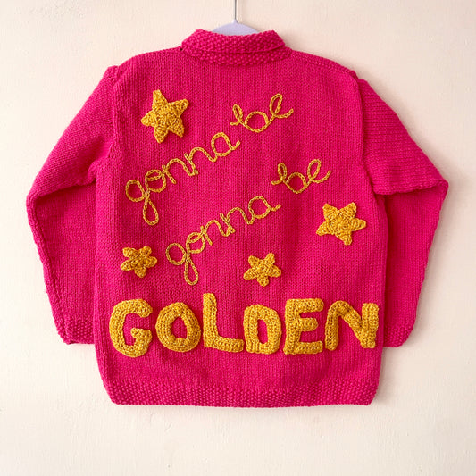 “Gonna Be Golden” Handmade Pink Cardigan Size Approx 6-8 Years