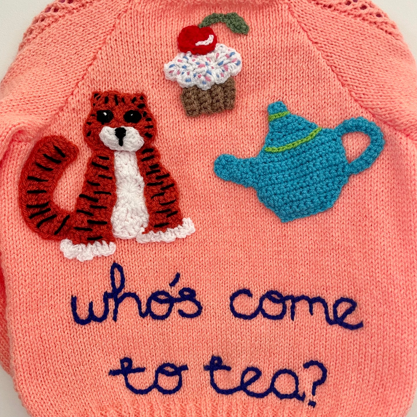 "Who's Come To Tea?" Handmade Cardigan Size Approx 4-5 Years