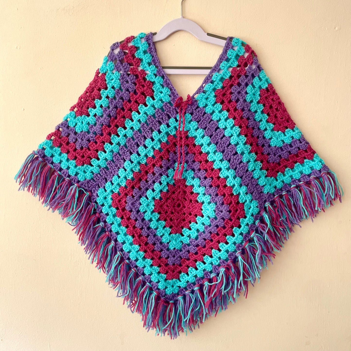 Hand Crocheted Teal Poncho Size Approx 6-10 Years