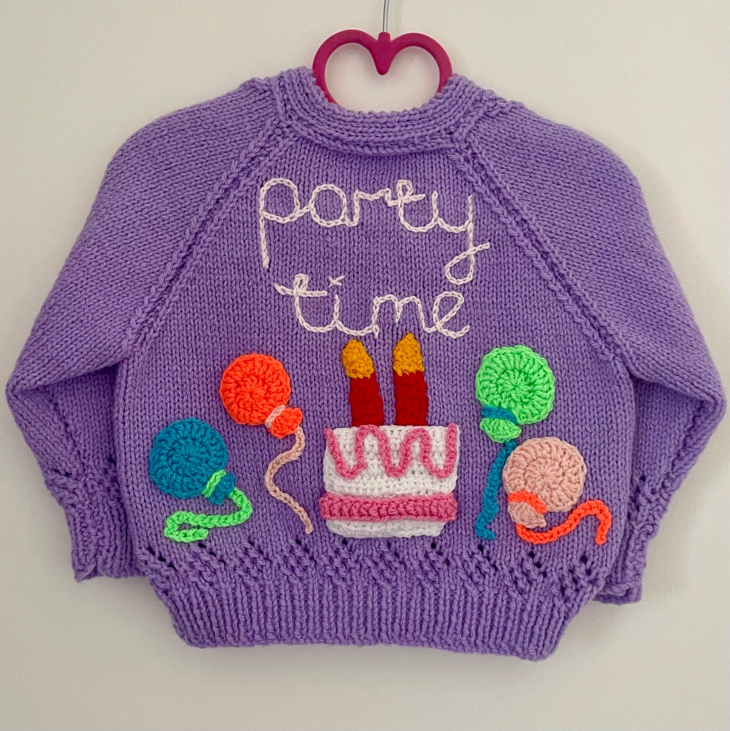 “Party Time” Handmade Cardigan Size Approx 18 months-2.5 Years