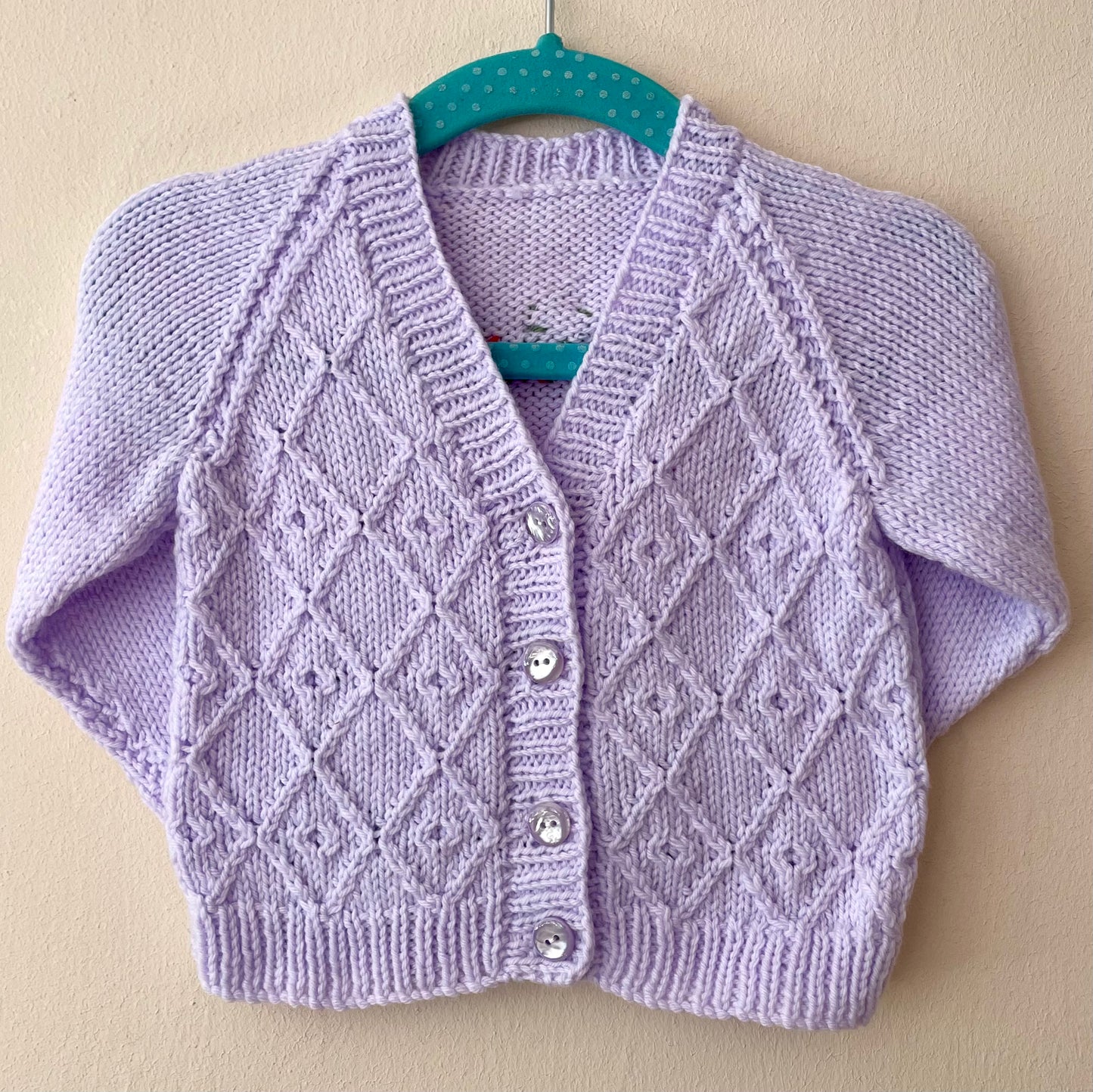 "Berry Sweet” Lilac Handmade Cardigan Size Approx 6-12 Months