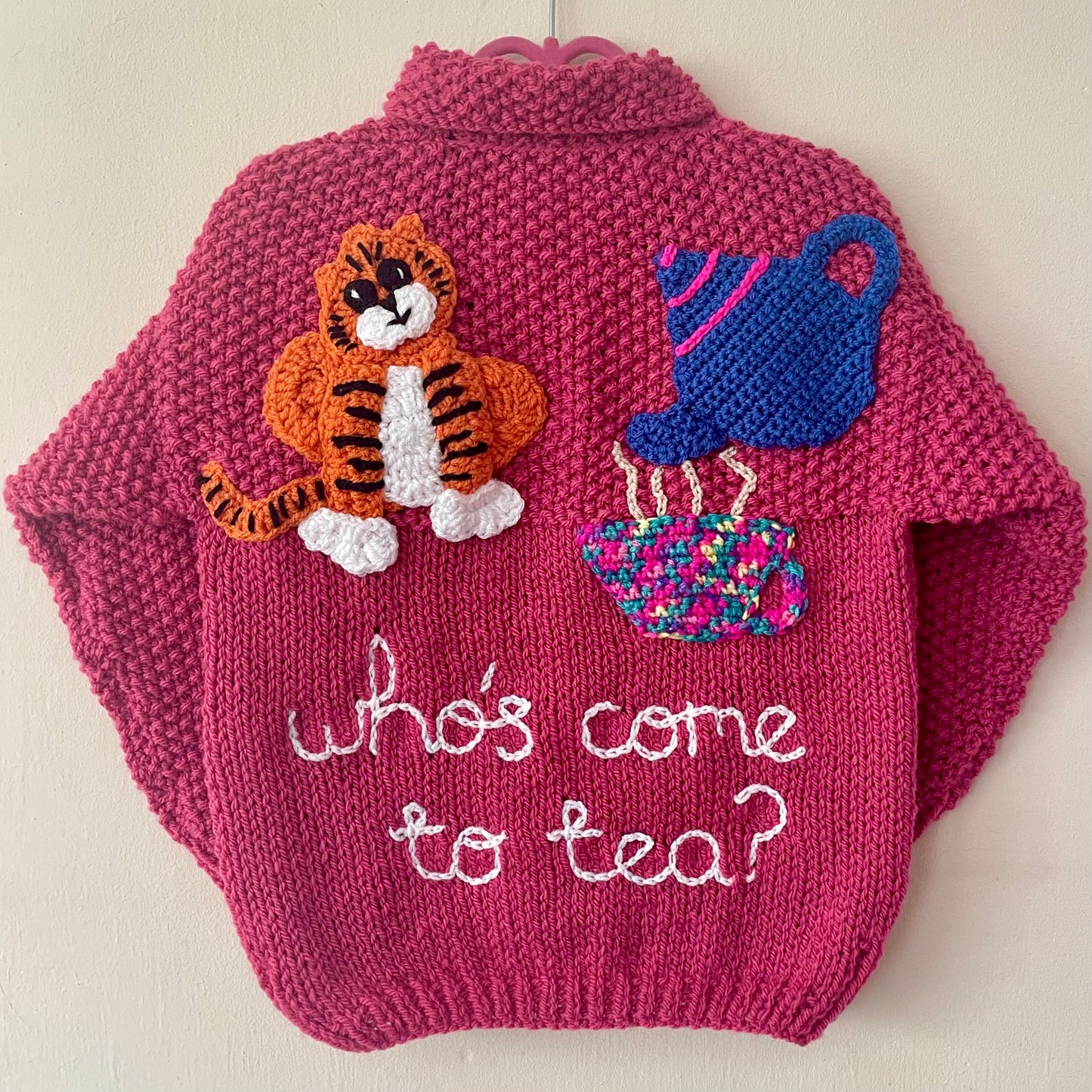 "Who's Come To Tea” Handmade Cardigan Size Approx 3-4 Years