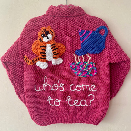 "Who's Come To Tea” Handmade Cardigan Size Approx 3-4 Years
