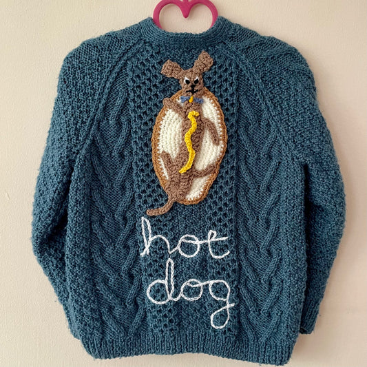 "Hot Dog” Handmade Cardigan Size Approx 3-4 Years