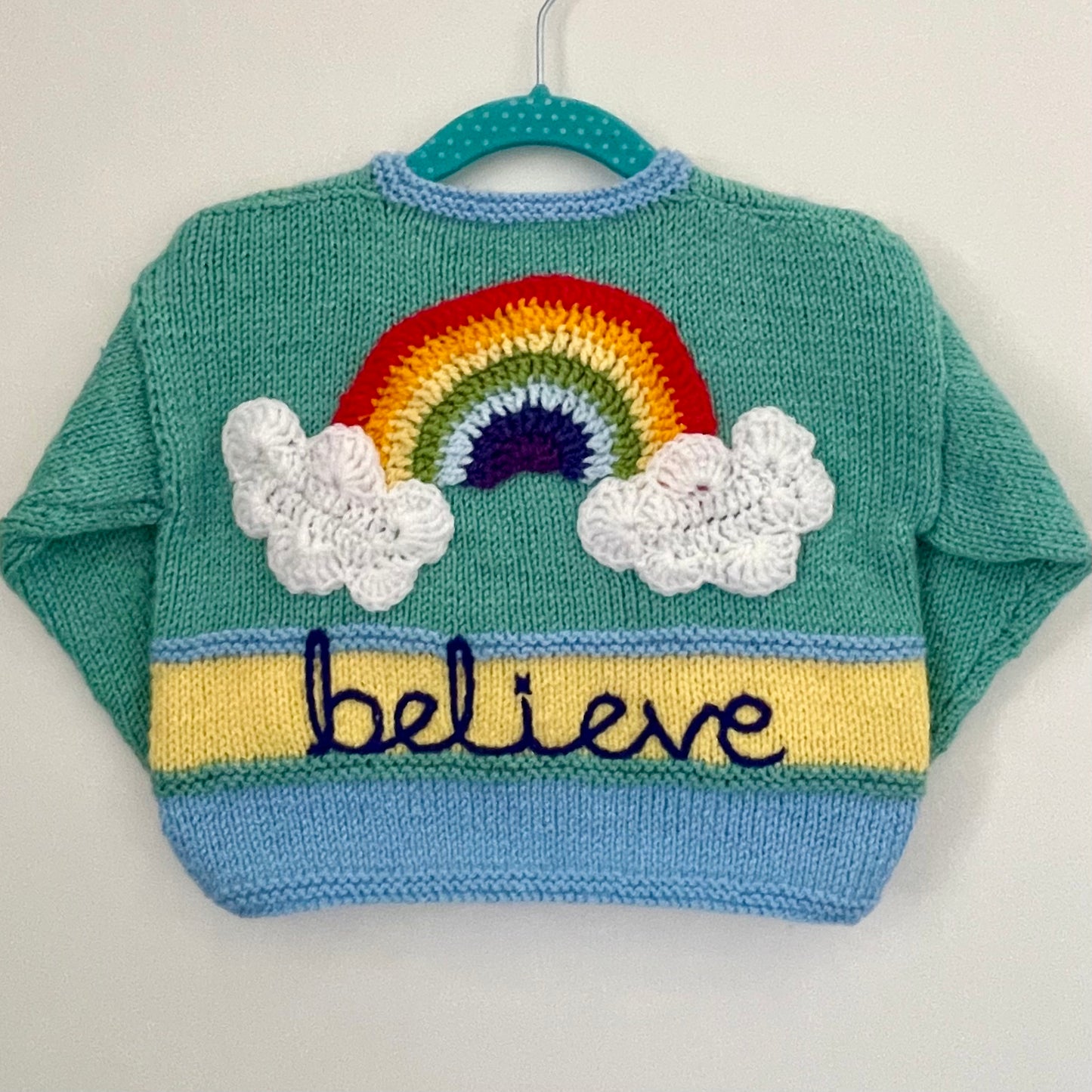 "Believe” Rainbow Handmade Cardigan Size Approx 1-2 Years