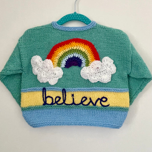 "Believe” Rainbow Handmade Cardigan Size Approx 1-2 Years