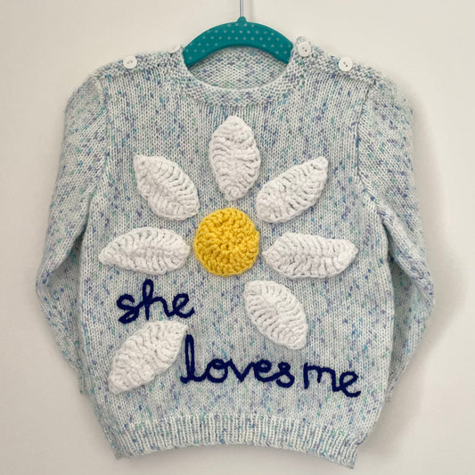 "She Loves Me” Daisy Handmade Striped Jumper Size Approx 1-2 years