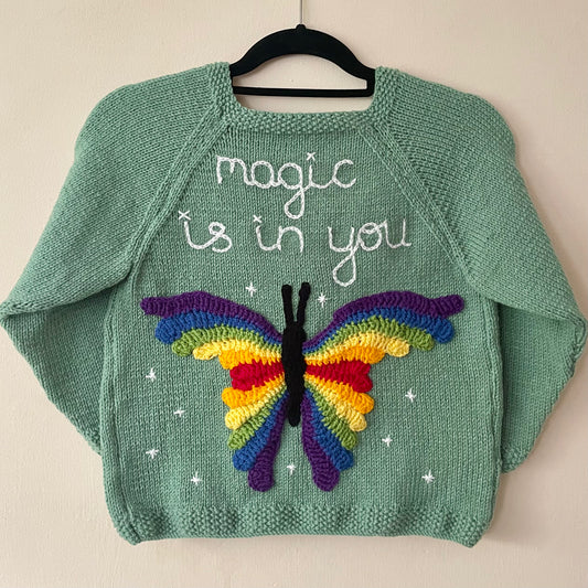 "Magic Is In You” Butterfly Handmade Cardigan Size Approx 7-9 Years