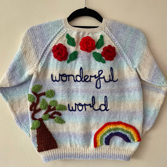 "Wonderful World” Handmade Cardigan Size Approx 6-8 Years