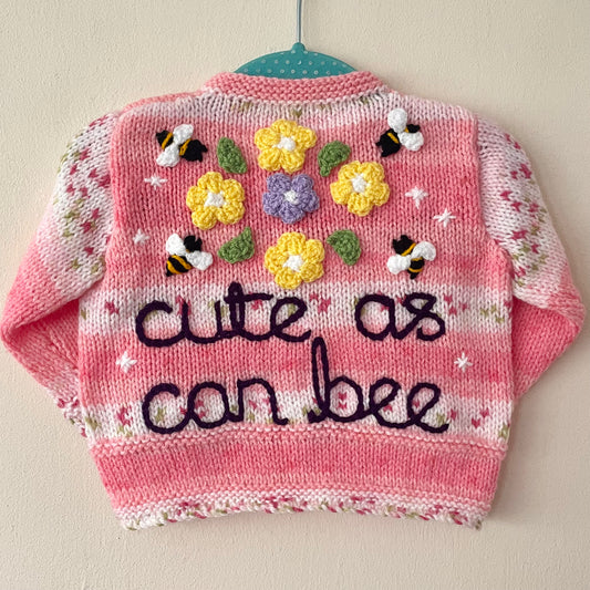 "Cutie As Can Bee” Handmade Cardigan Size Approx 6-12 Months