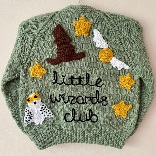 “Little Wizards Club” Halloween Handmade Cardigan Size Approx 5-7 Years