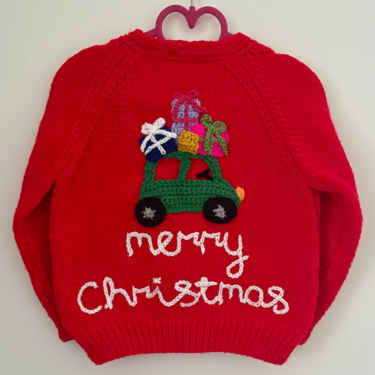 “Merry Christmas” Car & Presents Handmade Cardigan Size Approx 3-4 Years