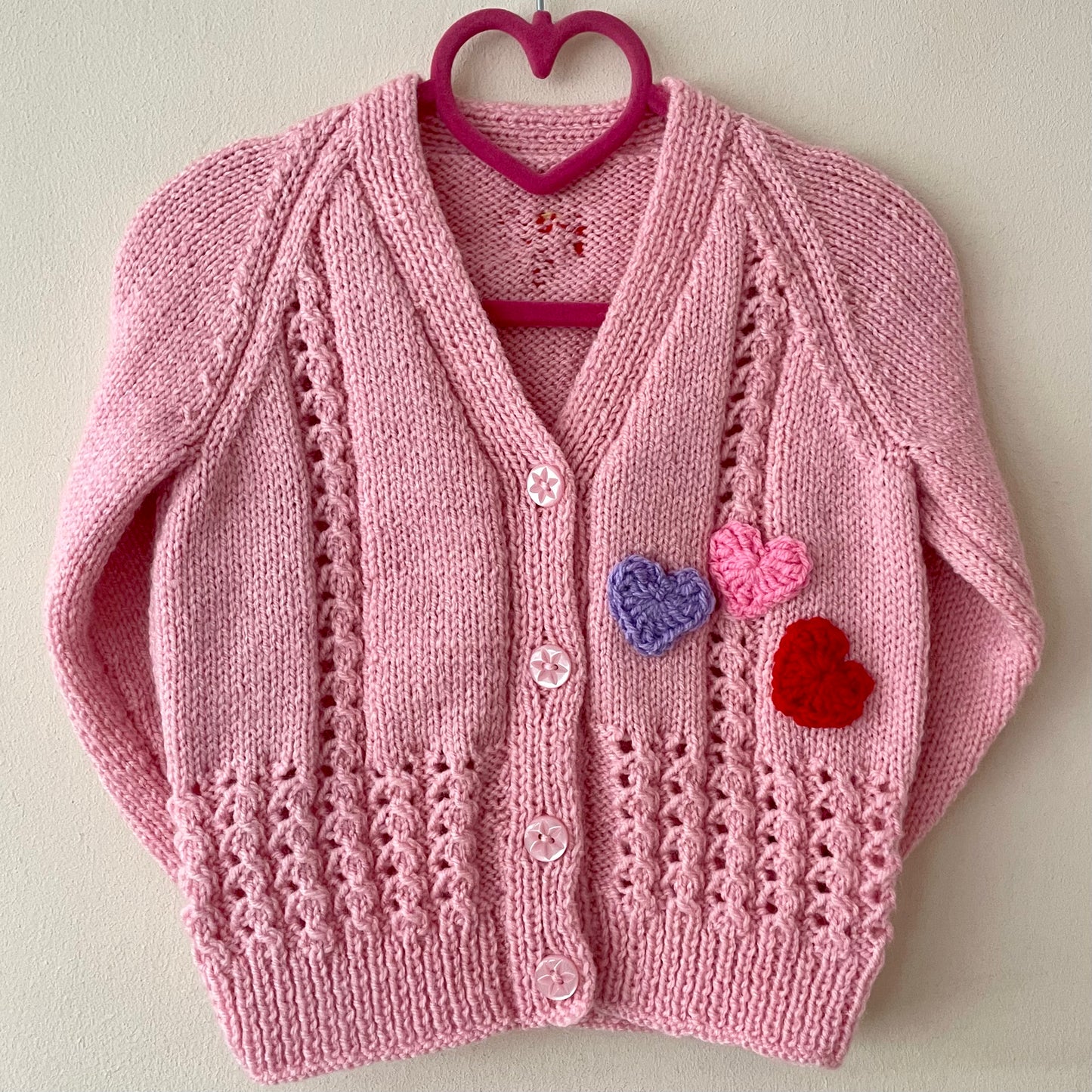 "Love Hearts” Handmade Cardigan Size Approx 2-3 Years
