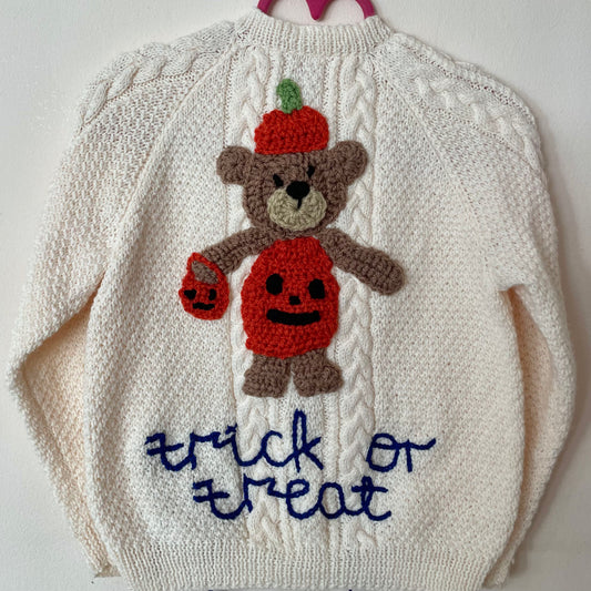 “Trick or Treat” Teddy Handmade Cardigan Size Approx 2-3 Years