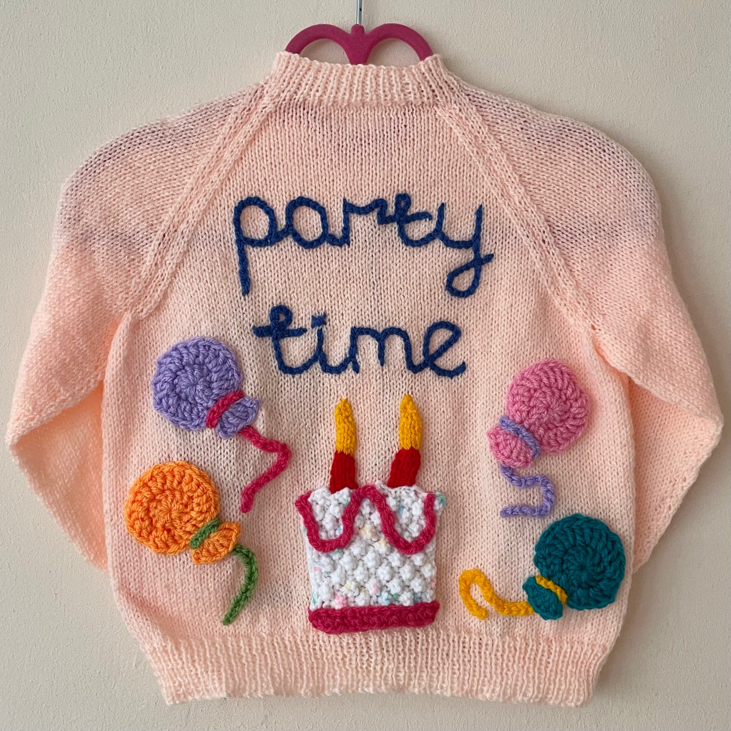 “Party Time” Handmade Birthday Cardigan Size Approx 18 months-2.5 Years