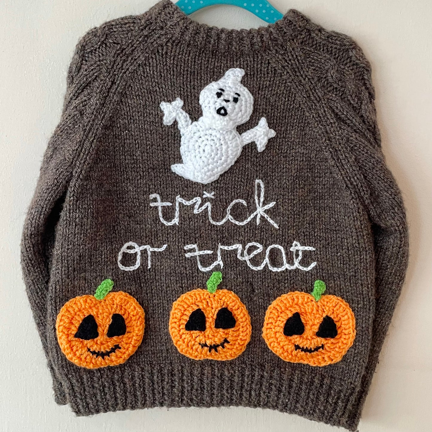 "Trick or Treat” Ghost & Pumpkins Handmade Jumper Size Approx 3-4 Years