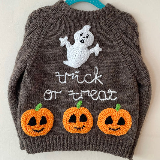 "Trick or Treat” Ghost & Pumpkins Handmade Jumper Size Approx 3-4 Years