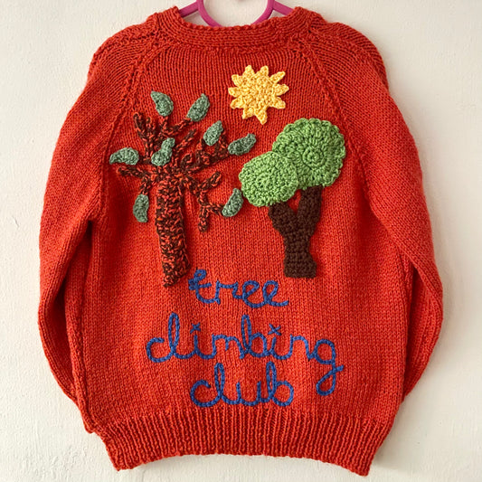 "Tree Climbing Club” Handmade Cardigan Size Approx 7-8 Years