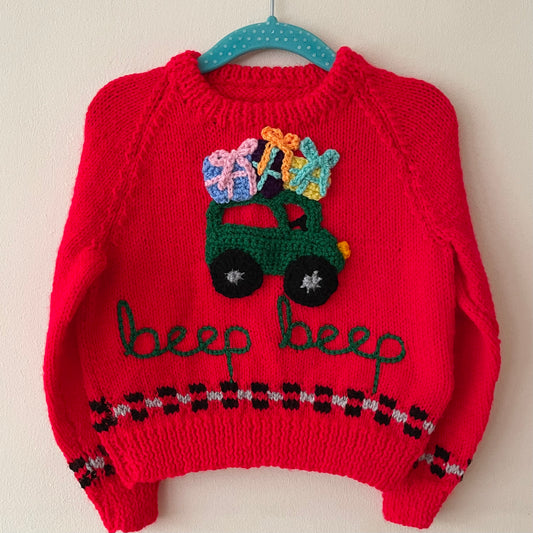“Beep Beep” Christmas Handmade Jumper Size Approx 18 Months - 2.5 Years