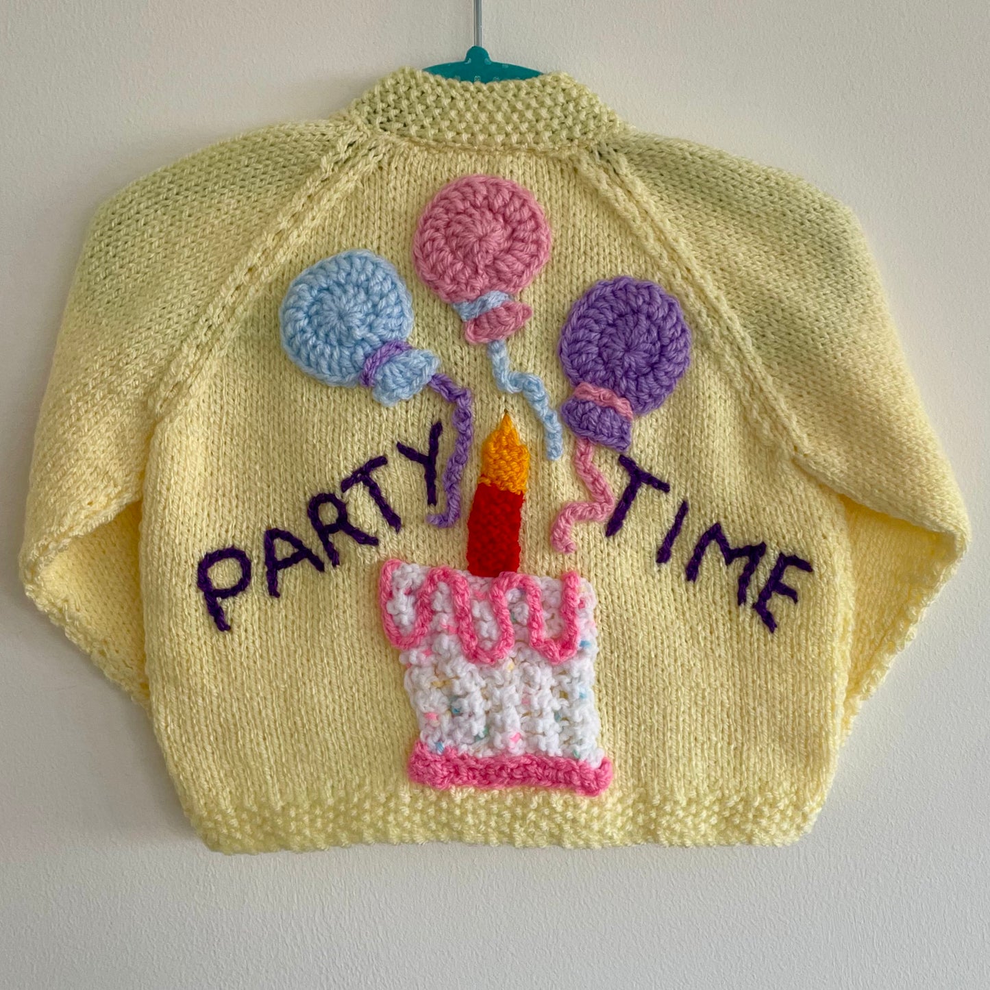 “PARTY TIME” Birthday Handmade Cardigan Size Approx 12-18 months