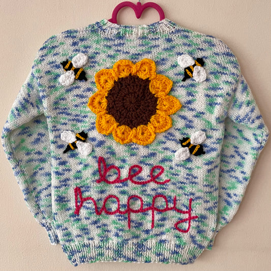 “Bee Happy” Sunflower & Bees Handmade Cardigan Size Approx 2-3 Years