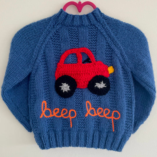 “Beep Beep” Car Handmade Cardigan Size Approx 12-18 months