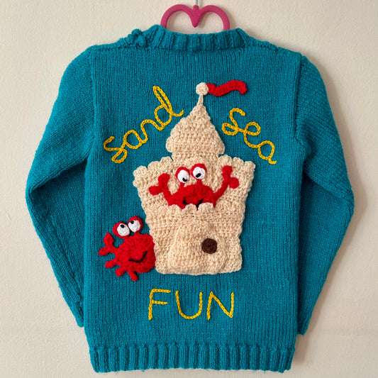 “Sand, Sea, Fun” Beach Handmade Cardigan Size Approx 3-4 Years