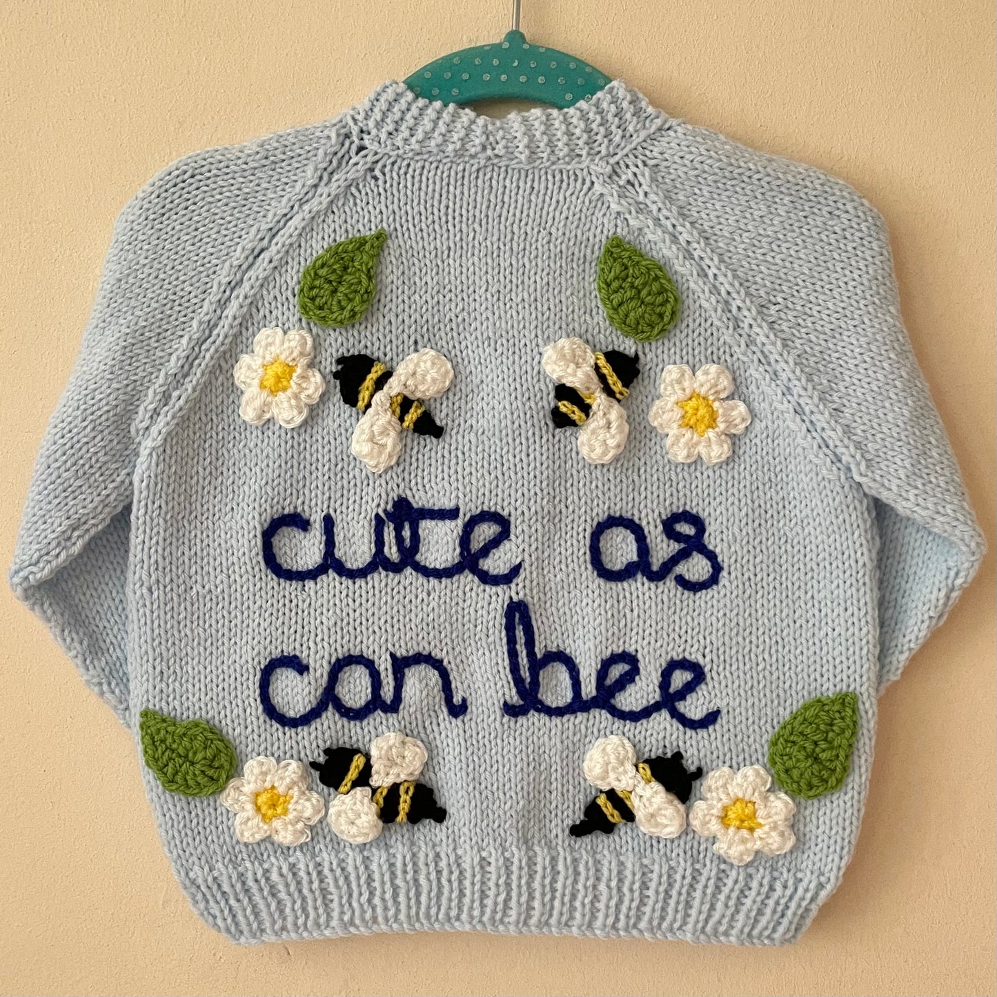 "Cute As Can Bee” Handmade Blue Cardigan Size Approx 1-2 Years