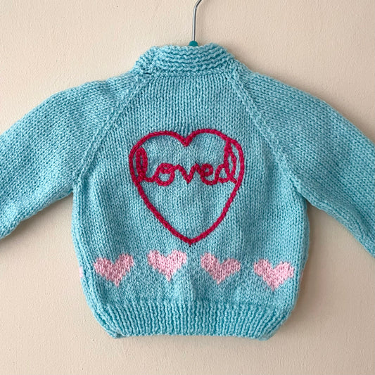 “Loved” Heart Handmade Cardigan Size Approx 0-6 months