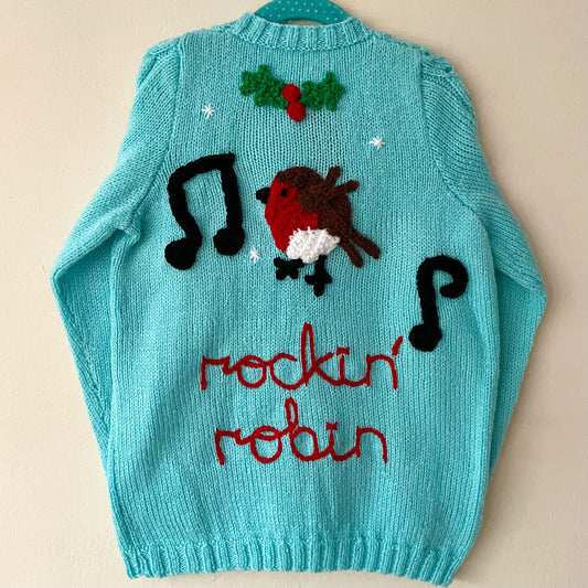 “Rockin' Robin” Christmas Handmade Cardigan Size Approx 5-7 Years