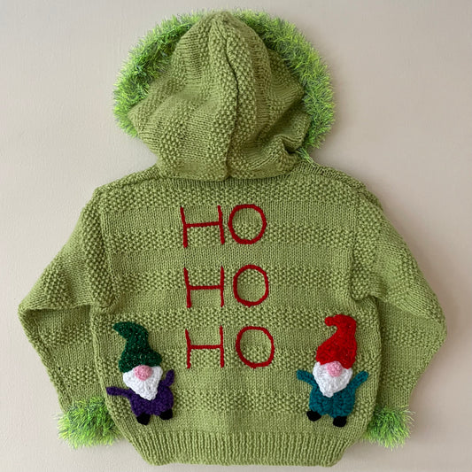 “Ho Ho Ho” Gnomes Christmas Handmade Hooded Cardigan Size Approx 3-4 Years