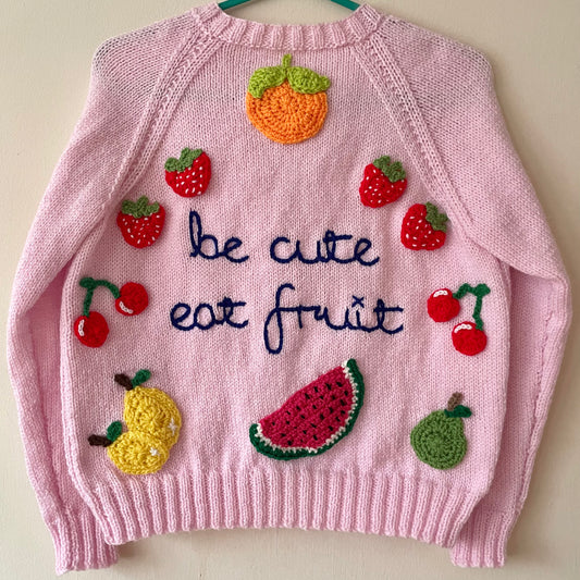"Be Cute Eat Fruit” Handmade Cardigan Size Approx 10-12 Years