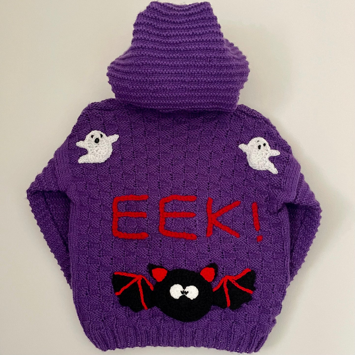 “EEK!” Bat and Ghosts Handmade Hooded Cardigan Size Approx 4-5 Years