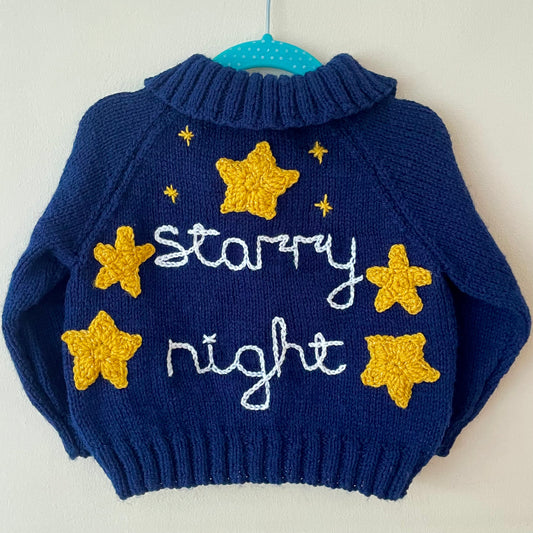 “Starry Night” Christmas Handmade Cardigan Size Approx 18 Months to 2.5 Years