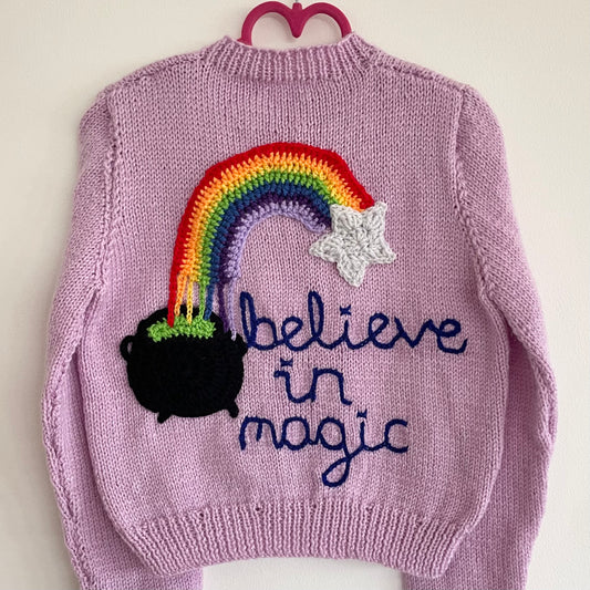 “Believe In Magic” Rainbow Cauldron Handmade Cardigan Size Approx 4-5 Years