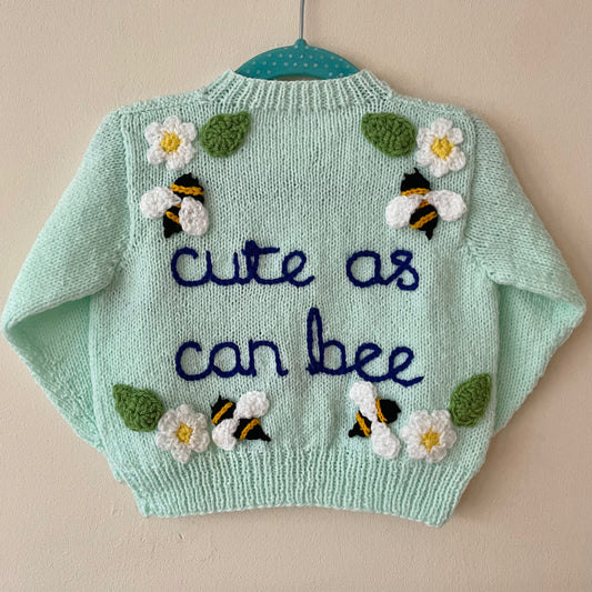 "Cute As Can Bee” Handmade Mint Cardigan Size Approx 1-2 Years